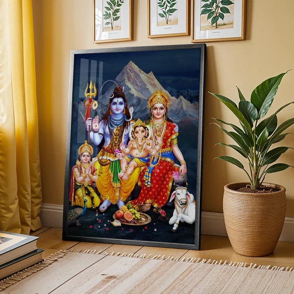 Blessed Family of Shiva – Divine Mountain Scene Art – 14 x 21 Inch
